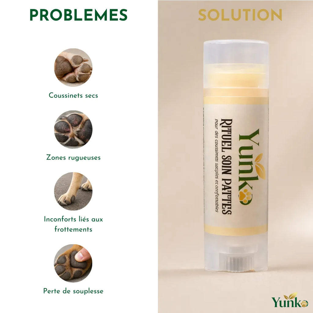 Yunko - Rituel Soin pattes - pour lutter contre les coussinets secs les zones rugueuses, les inconforts dûs aux frottements, la perte de souplesse des coussinets.