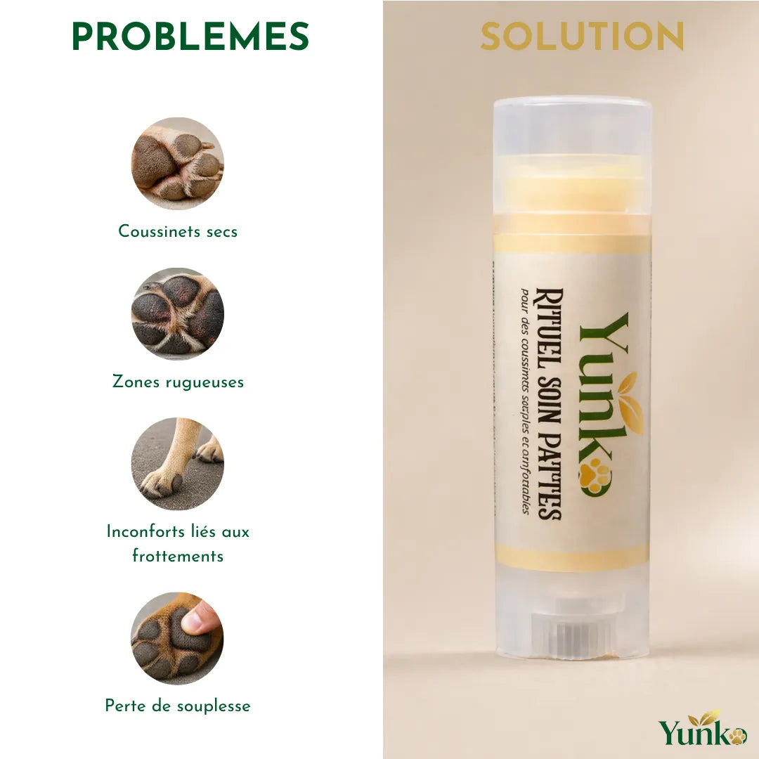 Yunko - Rituel Soin pattes - pour lutter contre les coussinets secs les zones rugueuses, les inconforts dûs aux frottements, la perte de souplesse des coussinets.