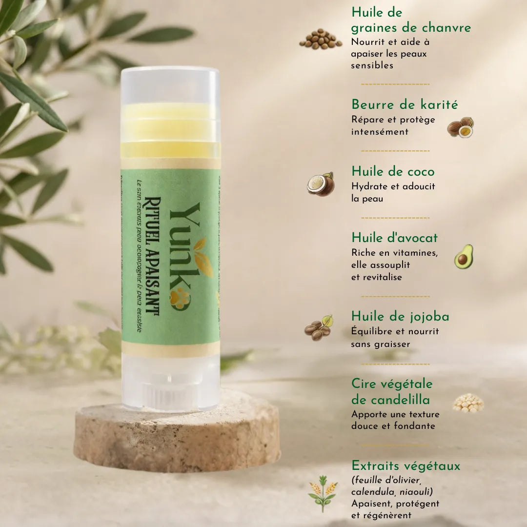 Rituel Apaisant - ingrédients 100% d'origine naturelle - Huile de graines de chanvre, beurre de karité, huile de coco, huile d'avocat, huile de jojoba, cire de candelilla, feuille d'olivier, calendula, niaouli.
