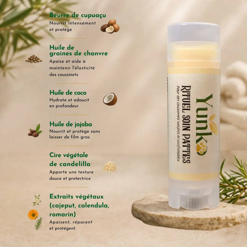 Yunko - Rituel soin pattes - formulation 100% naturelle - beurre de cupuaçu, huile de graines de chanvre, huile de coco, huile de jojoba, cire de candelilla, cajeput, calendula, romarin.