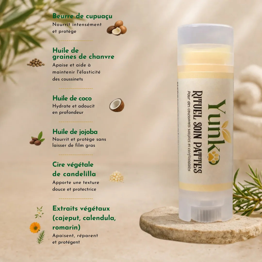 Yunko - Rituel soin pattes - formulation 100% naturelle - beurre de cupuaçu, huile de graines de chanvre, huile de coco, huile de jojoba, cire de candelilla, cajeput, calendula, romarin.