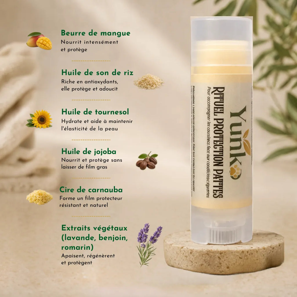 Yunko - Rituel protection pattes - formulation 100% naturelle - beurre de mangue, huile de jojoba, huile de son de riz, huile de tournesol, cire de carnauba, lavande, benjoin, romarin.