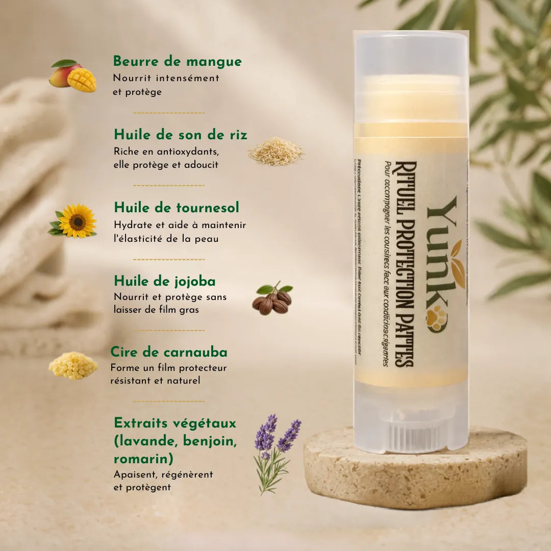 Yunko - Rituel protection pattes - formulation 100% naturelle - beurre de mangue, huile de jojoba, huile de son de riz, huile de tournesol, cire de carnauba, lavande, benjoin, romarin.