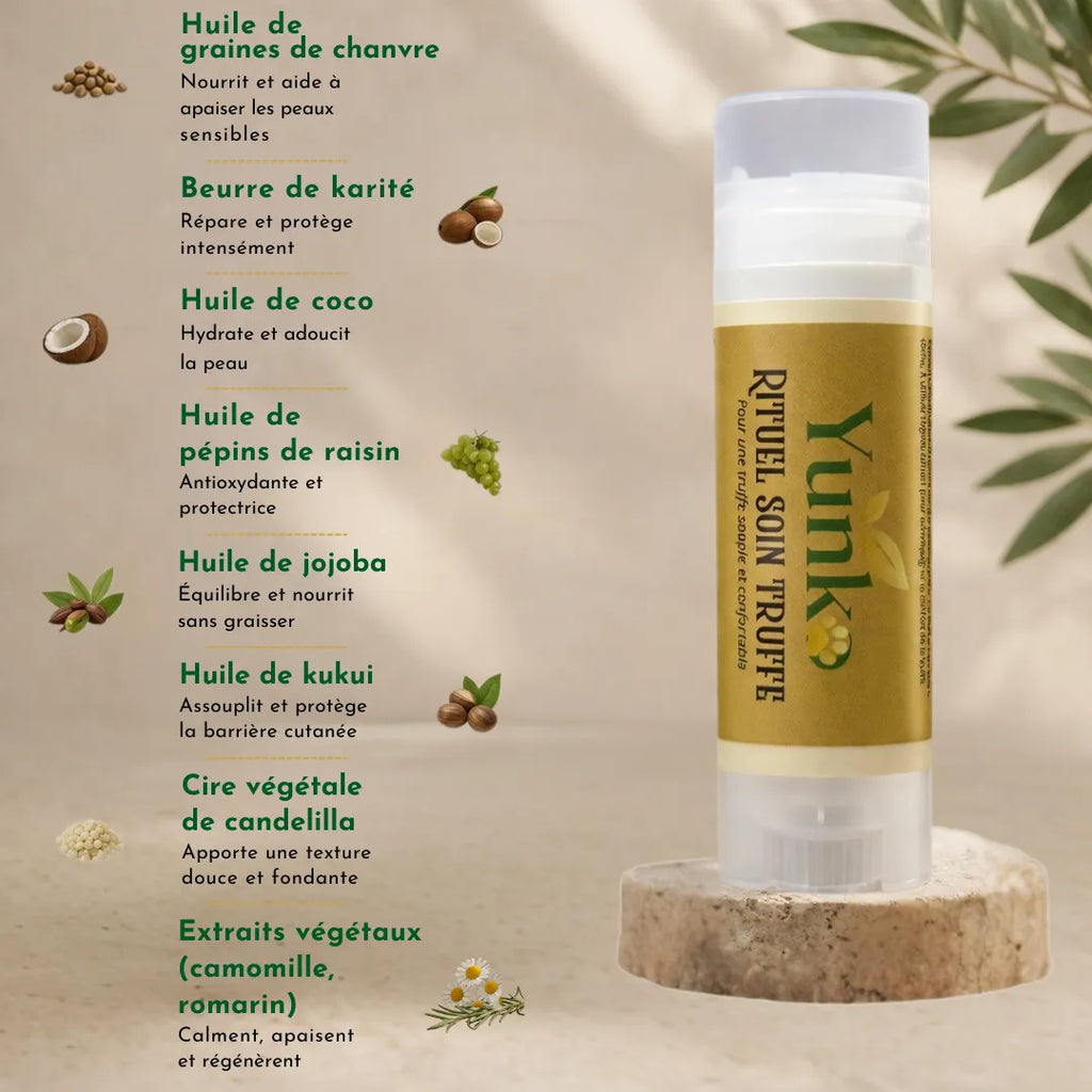 Yunko - Rituel soin truffe - formulation 100% naturelle - beurre de karité, huile de graines de chanvre, huile de coco, huile de jojoba, huile de pépin de raisin, huile de kukui, cire de candelilla, camomille, romarin.