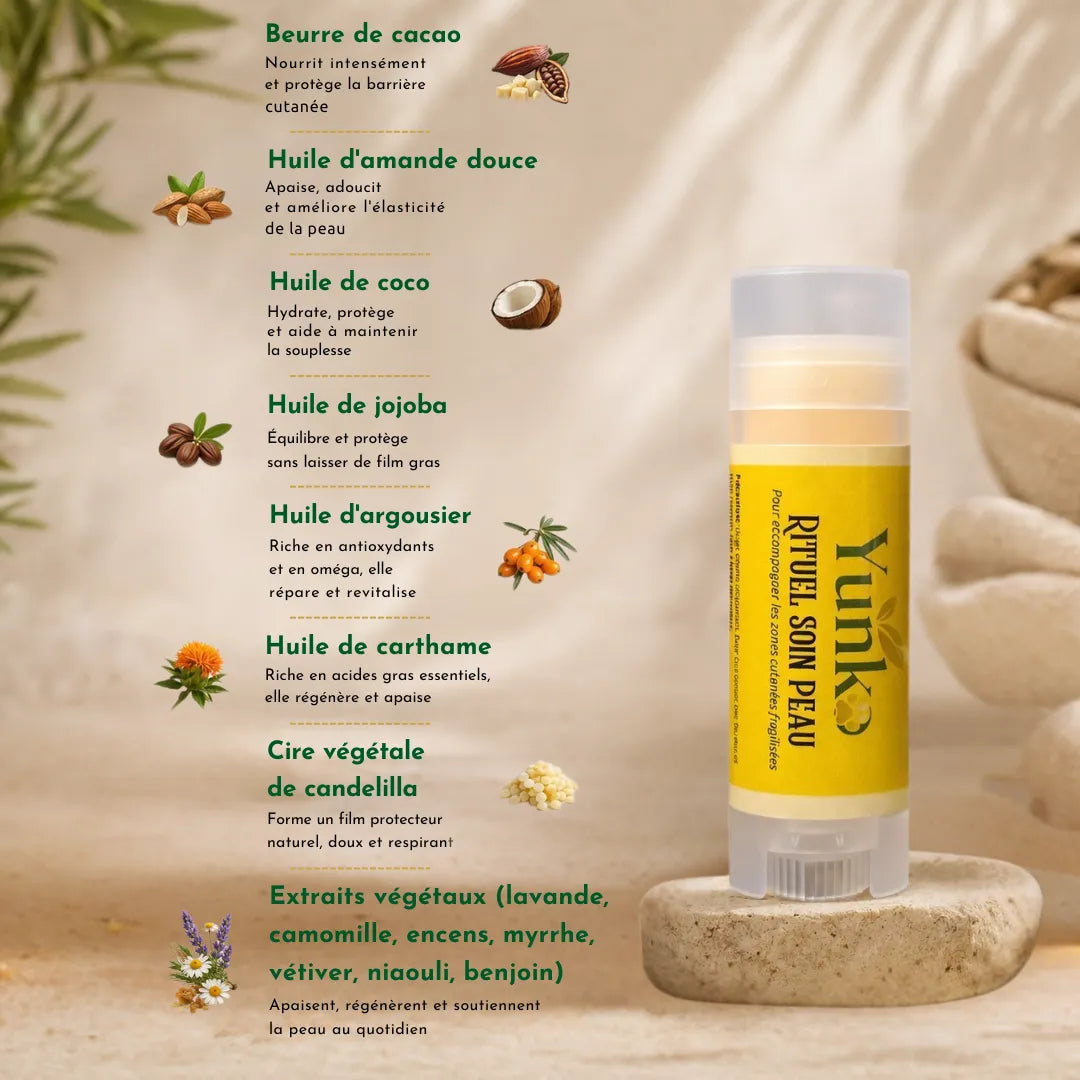 Yunko - Rituel soin peau - formulation 100% naturelle - beurre de cacao, huile d'amande douce, huile de coco, huile de jojoba, huile d'argousier, huile de carthame, cire de candelilla, lavande, camomille, encens, myrrhe, vétiver, niaouli, benjoin.